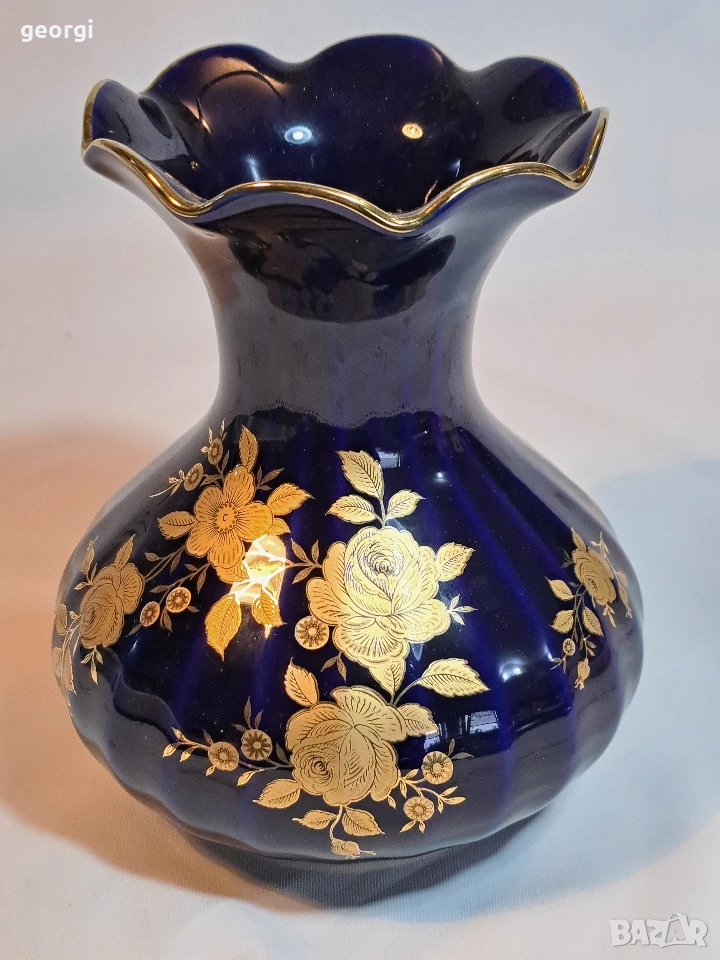 немска порцеланова ваза Wunziedel кобалт с 24 карата позлата М1, снимка 1