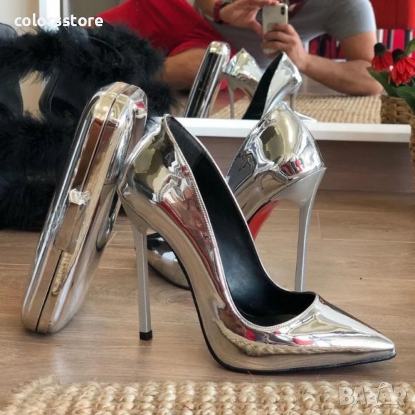 Обувки на ток - сребрист лак със сребрист ток - 60, снимка 1