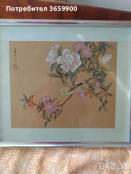 Уникална японска картина.Рисунка върху плат, снимка 1