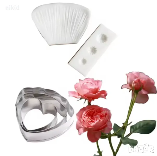 Божур роза сет вейнър листа силиконов молд и метални резци за направа на цвете фондан торта , снимка 1