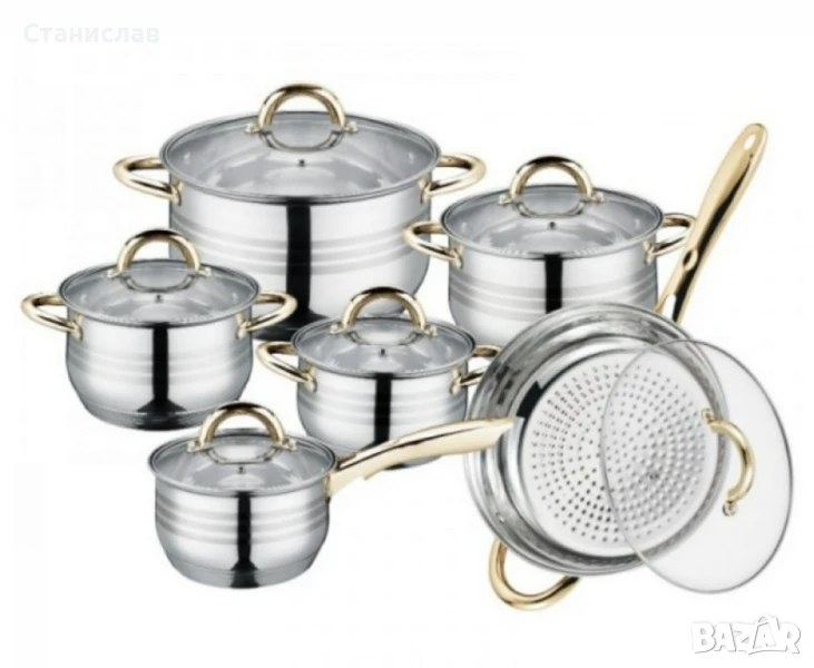 Комплект тенджери и тиган Royalty Line RL-1231G, 12ч.,16К/16/18/ 20/24/24Tсм., Индукция, Инокс, снимка 1