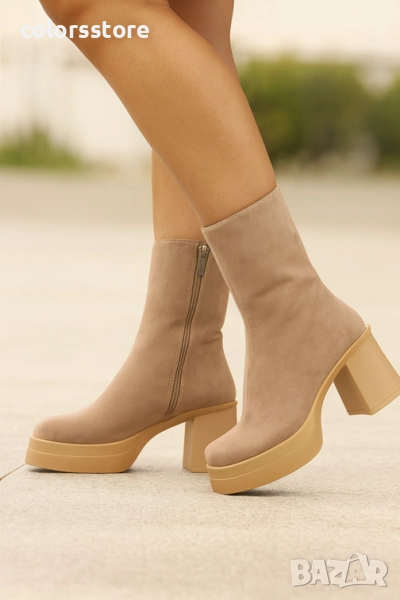 Боти на ток - бежов велур - BVC10 , снимка 1