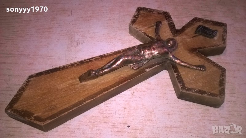 кръст с христос-23х14см-дърво мед/месинг, снимка 1