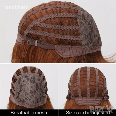 Оранжева омбре перука с кафяви корени и краища с дълъг бретон, снимка 4 - Аксесоари за коса - 50479024