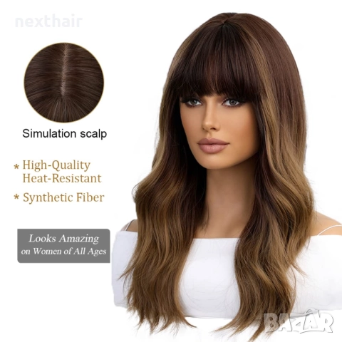 исококачествена кафява чуплива омбре перука с тъмни корени и бретон, снимка 4 - Аксесоари за коса - 51435918