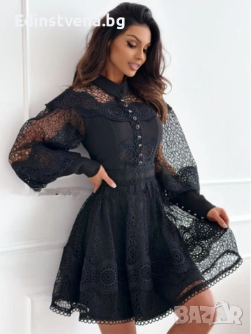 Дамска черна рокля от дантела с буфан ръкави и яка, снимка 4 - Рокли - 52329080