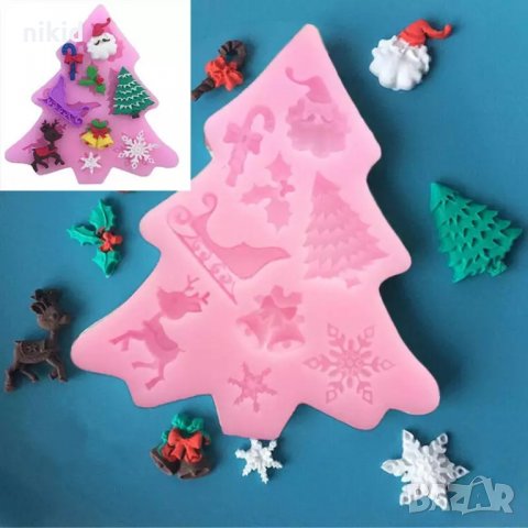 Коледен елха с елен снежинка шейна имел камбанки силиконов молд форма фондан