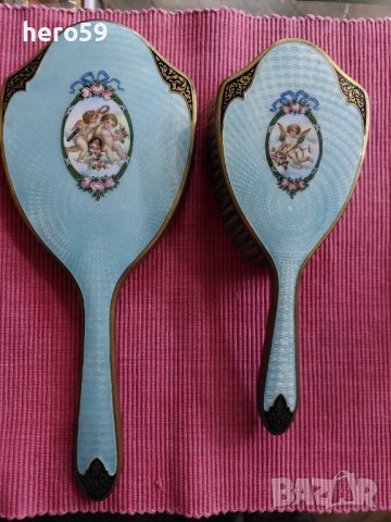 Старо дамско огледало с четка(гилеше емайл с позлата/Сребро,злато/, снимка 1