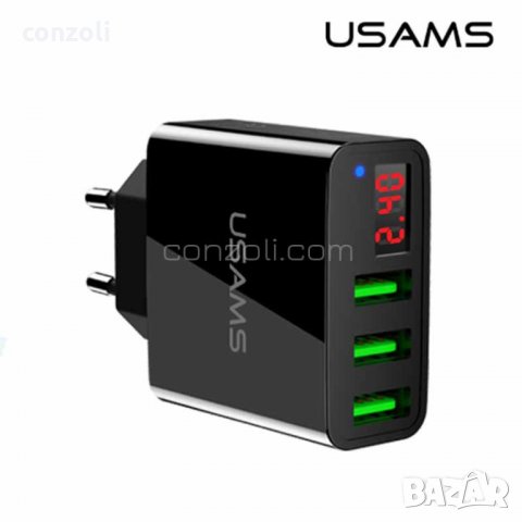 USAMS зарядно с 3 USB порта и LED екран, снимка 1 - Оригинални зарядни - 27398016