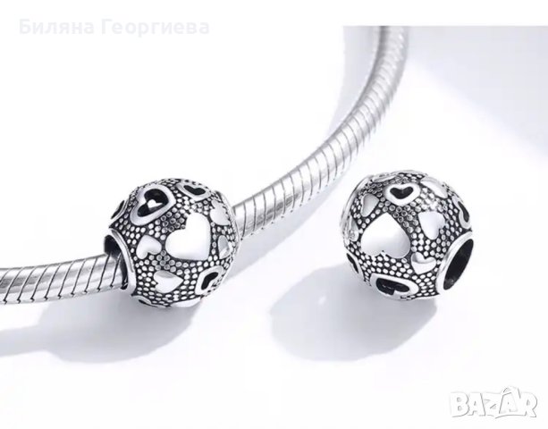 Сребърен талисман за гривна Пандора Сърца Модел 084, снимка 2 - Гривни - 43465376