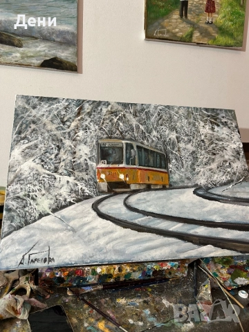 Картина с маслени бои 40/60 с трамвай “Зимен етюд от София”, снимка 2 - Картини - 51477840