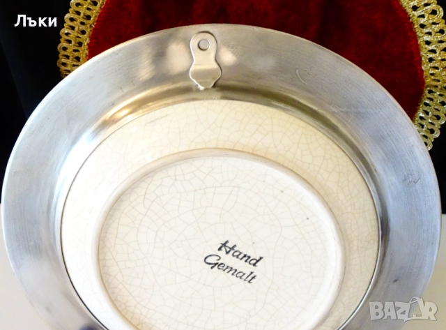 Порцеланова чиния с калаена рамка,цветя. , снимка 6 - Антикварни и старинни предмети - 52344416