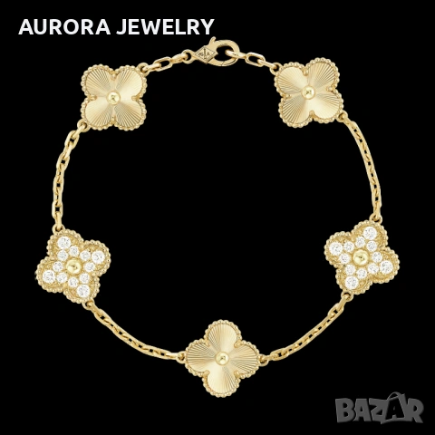 Van Cleef & Arpels VCA Gold Clear and Diamond 5 Motifs Vintage Alhambra Дамска Гривна, снимка 3 - Гривни - 53405562
