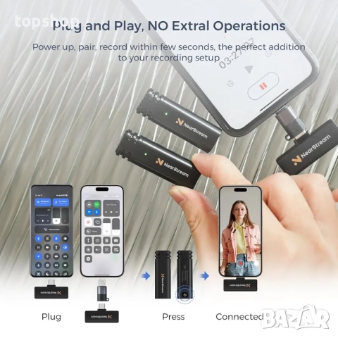 Нови в оригиналната опаковка микрофони nearstream aw awm10t. Безжичени микрофони за iPhone, Android, снимка 8 - Микрофони - 51728481