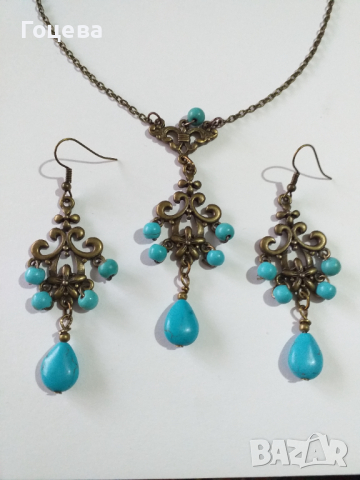 Разкошен комплект бижута с красиви Тюркоази и прекрасни орнаменти в цвят бронз , снимка 2 - Бижутерийни комплекти - 36511680