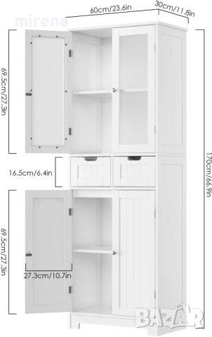 Висок шкаф за баня, стъклена врата и рафтове, 2 чекмеджета, бял, снимка 4 - Бюфети - 53145158