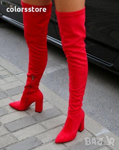 Ботуши на ток - червен велур - O250, снимка 2 - Дамски ботуши - 32332558