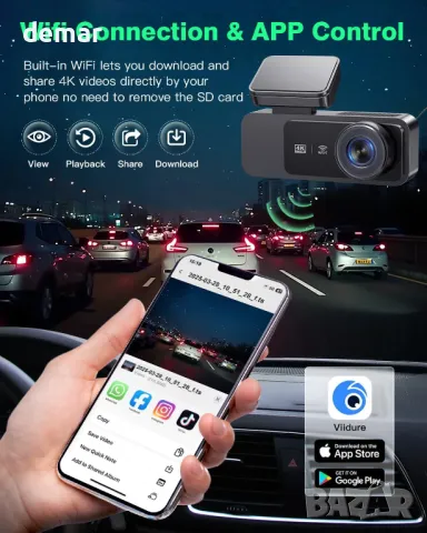 Автомобилна видеорегистраторна камера отпред и отзад 4K+1080P, UHD вграден WiFi с 64GB SD карта, снимка 4 - Аксесоари и консумативи - 50022000