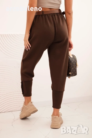 Дамски панталон butter с декоративни копчета и кафяв колан, снимка 4 - Панталони - 51683266