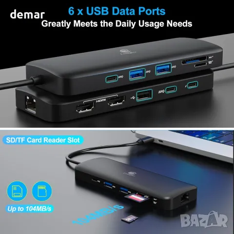 USB C докинг станция за лаптоп, 2 HDMI*4К, 1000Mbps Ethernet, 5 USB A/C порта, слот за SD/TF карта, снимка 4 - Друга електроника - 50007636