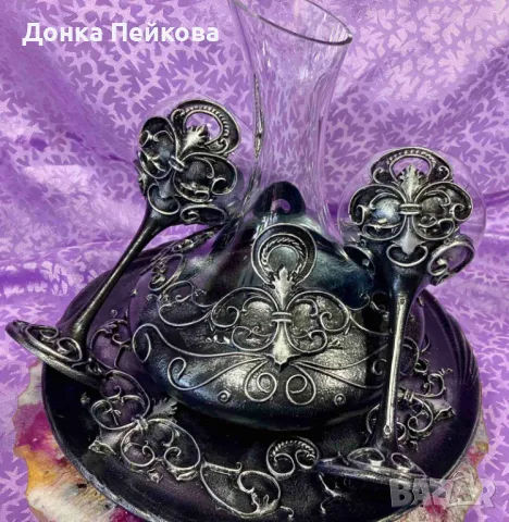 Ръчно изработен сервиз . декантер с две чаши и плато в сребро, снимка 6 - Сервизи - 49093349