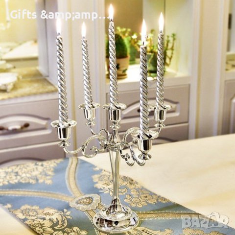 Метален свещик за три или за пет свещи в сребърно, снимка 3 - Декорация за дома - 42956534