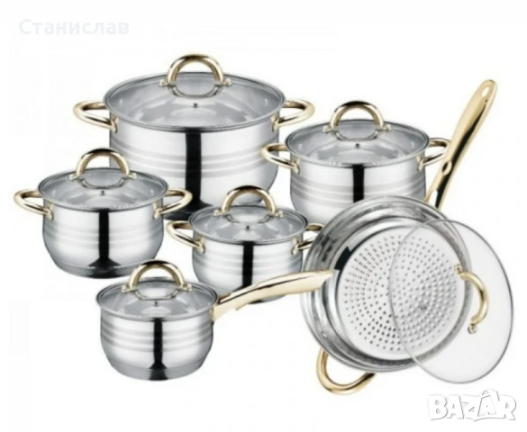 Комплект тенджери и тиган Royalty Line RL-1231G, 12ч.,16К/16/18/ 20/24/24Tсм., Индукция, Инокс, снимка 1