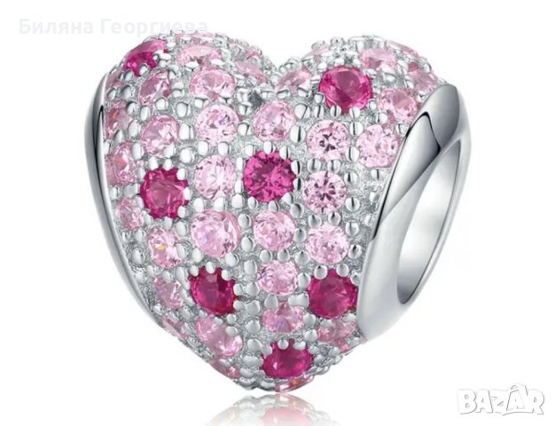 Сребърен талисман за гривна Пандора Сърце розови кристали Модел 085, снимка 1 - Гривни - 43465284