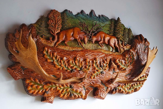 Дърворезба, пано с благородни елени, уникат , снимка 2 - Пана - 39456807