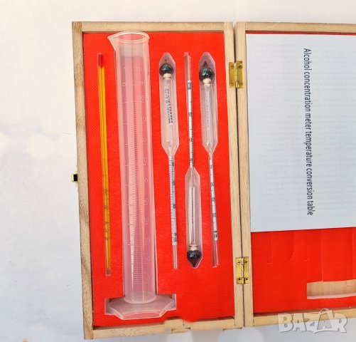 Прецизен спиртомер зяа ракия  в дървена кутия с мензура, термометър и таблицакутия , снимка 7 - Други - 38727051