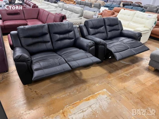 Черни кожени дивани две двойки с релаксиращ механизъм, снимка 4 - Дивани и мека мебел - 40751489