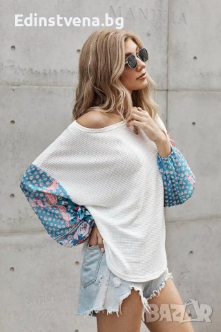 Дамски топ в бяло с ефектни ръкави на цветя, снимка 10 - Блузи с дълъг ръкав и пуловери - 39636321