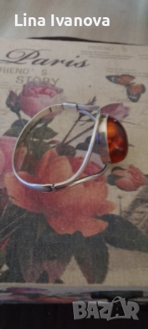 Сребърна гривна с кехлибар., снимка 4 - Гривни - 50518400