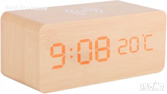 Дървен LED дигитален настолен будилник,Температура Безжично зарядно устройство за телeфон, снимка 8 - Други стоки за дома - 40236274