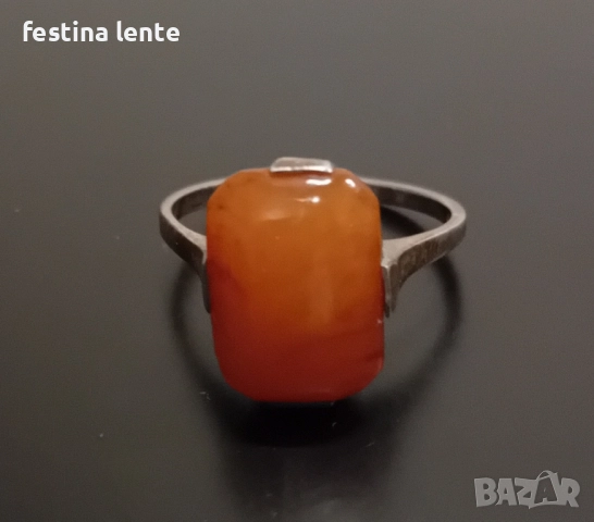 Стар руски сребърен пръстен с кехлибар, снимка 2 - Пръстени - 52394458