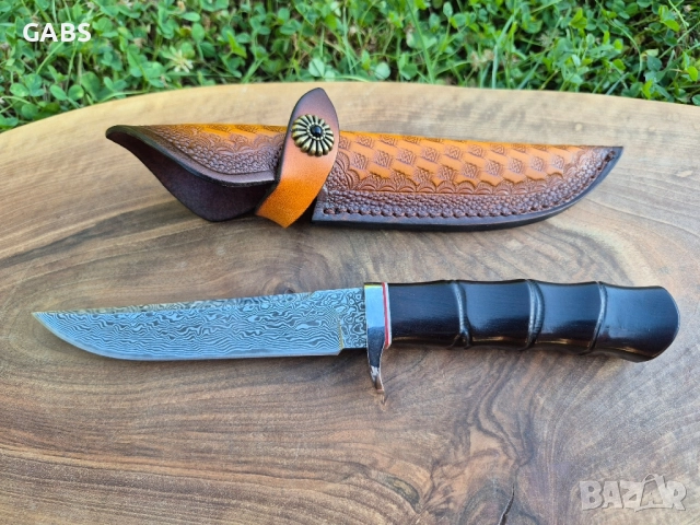 Японски ловен нож DAMASKUS AB,дамаска стомана VG10,кожена кания,LN418, снимка 2 - Ножове - 51593644
