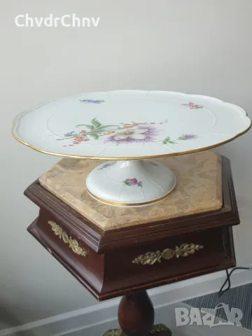 Meissen пиедестална тортиера 34см/голяма стара Майсен порцеланова чиния за торта-сладки