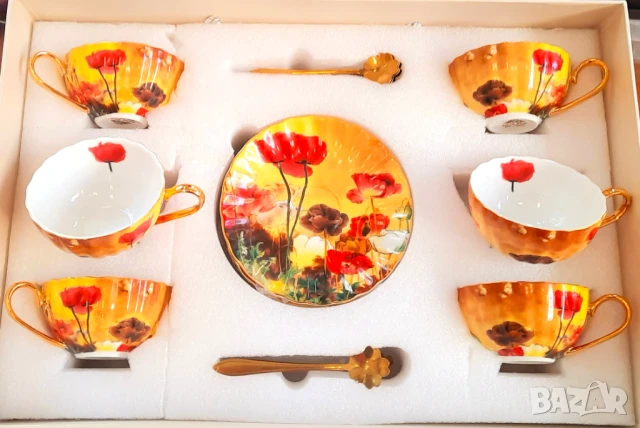 Винтидж чаши за кафе с мак от фин костен порцелан, снимка 5 - Подаръци за юбилей - 33167370
