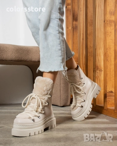 Боти на платформа - бежова кожа с бежов пух - BPUH1

