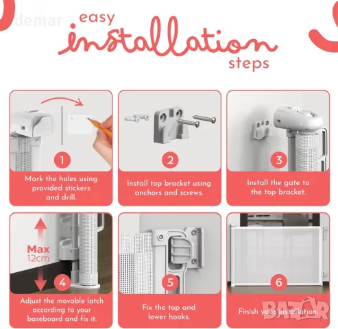 DIKOTS Dual Lock Бяла прибираща се стълбищна врата за бебета и домашни любимци, снимка 3 - Други стоки за дома - 49075447