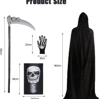 Костюм на Grim Reaper Хелоуин 4 части, черно наметало с маска на черепа, коса, скелетни ръкавици, снимка 2 - Други - 44069211