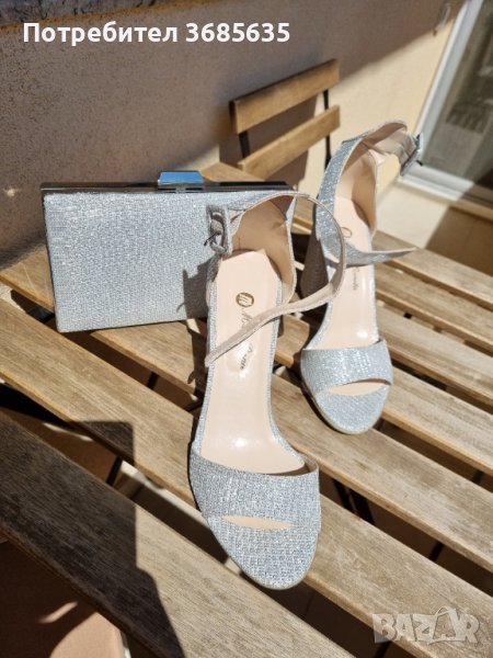 НОВИ Елегантни сребристи сандали на ток + чанта, снимка 1