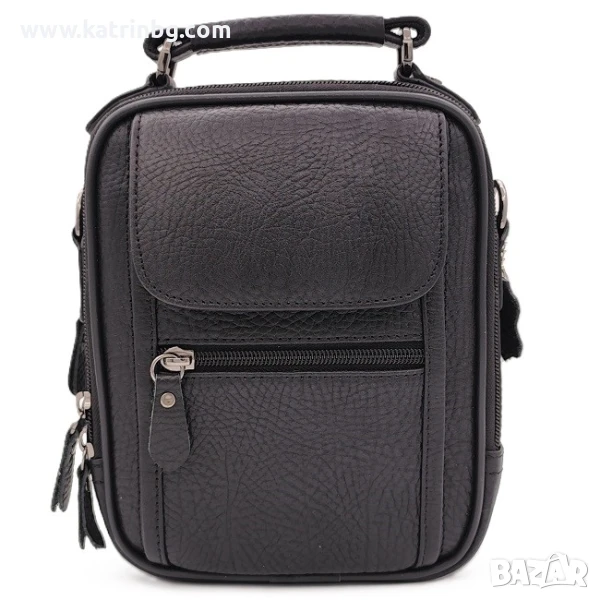 Мъжка чанта естествена кожа в черен цвят с много джобове и къса дръжка Код на продукта:K-025, снимка 1