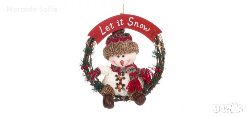 Коледен декоративен дървен венец, Снежен човек с Шал червено каре, снимка 1