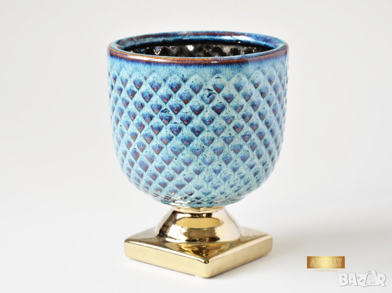 Декоративна саксия за цветя / Подарък за жена любител на цветя / Синя керамична саксия, снимка 1