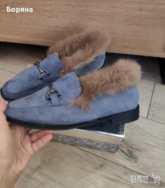 Нови дамски сини лоуфъри с естествен пух, снимка 1
