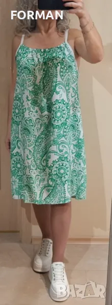 Зелена рокля на бели шарки с тънки презрамки , снимка 1