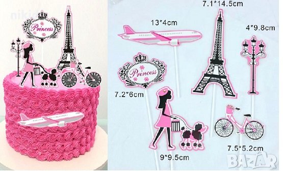 6 бр Момиче с куче самолет Айфелова кула топер топери клечки картон декор украса за торта, снимка 1