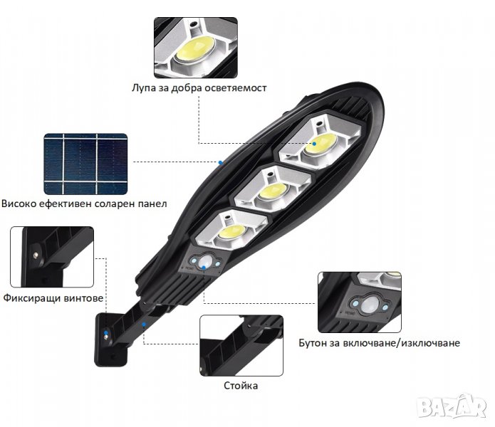 Водоустойчава соларна улична COB LED лампа с три лупи LL-63T, снимка 1
