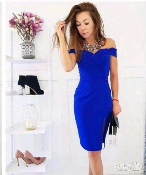 Официална синя рокля с паднали рамена, снимка 1